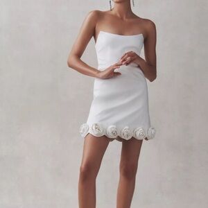 White Strapless Mini Dress with Rose Hem